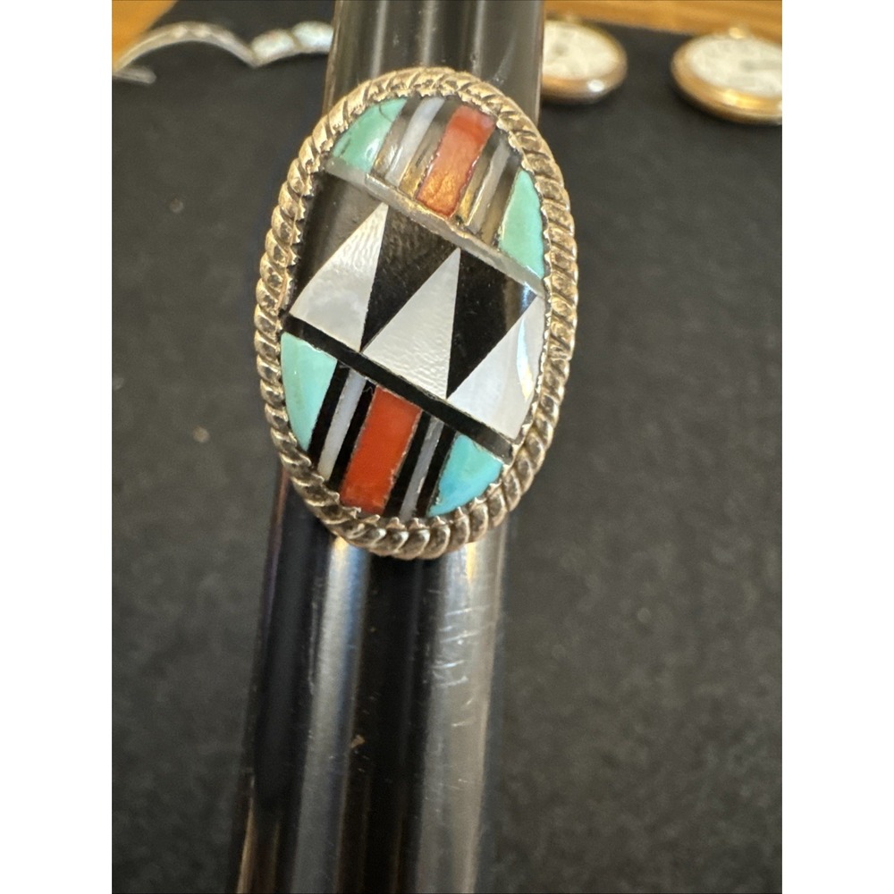 VNTG Native American Zuni Sterling Silver Ring Geometrical Inlaid Onyx Turqoise